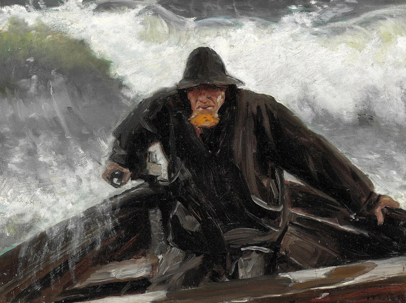 A fisherman at the helm of a boat in the middle of a rough sea. - Michael Peter Ancher
