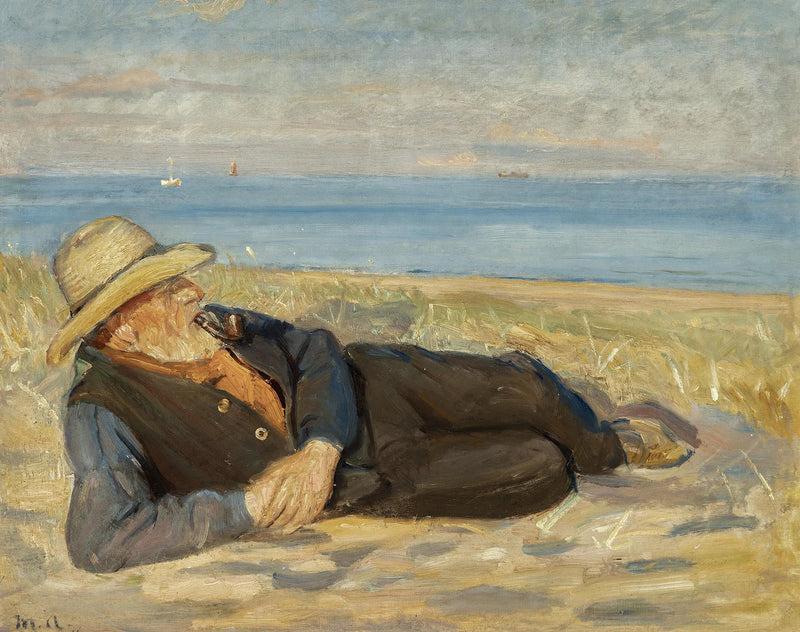 A Skagen fisherman lying on the beach at sunset. - Michael Peter Ancher