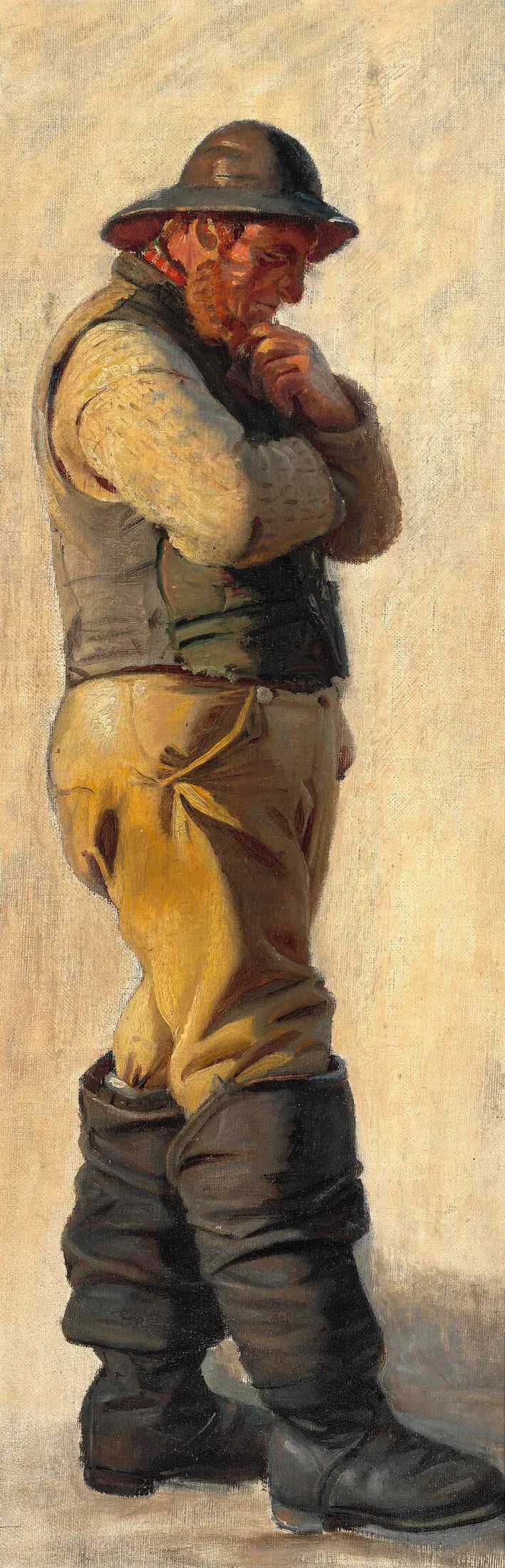 A fisherman from Skagen, wearing a oilskin and high boots, stroking his beard. - Michael Peter Ancher