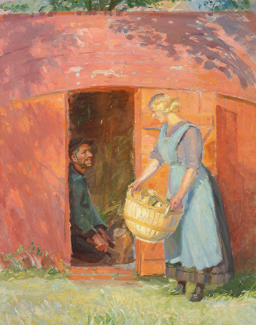 A fisherman from Skagen, in a hut built from an old boat, courts a young woman. - Anna Ancher