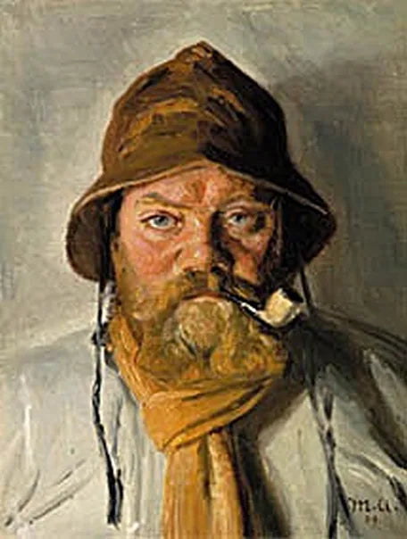 A Skagen fisherman smoking a pipe and wearing an oilskin. - Michael Peter Ancher