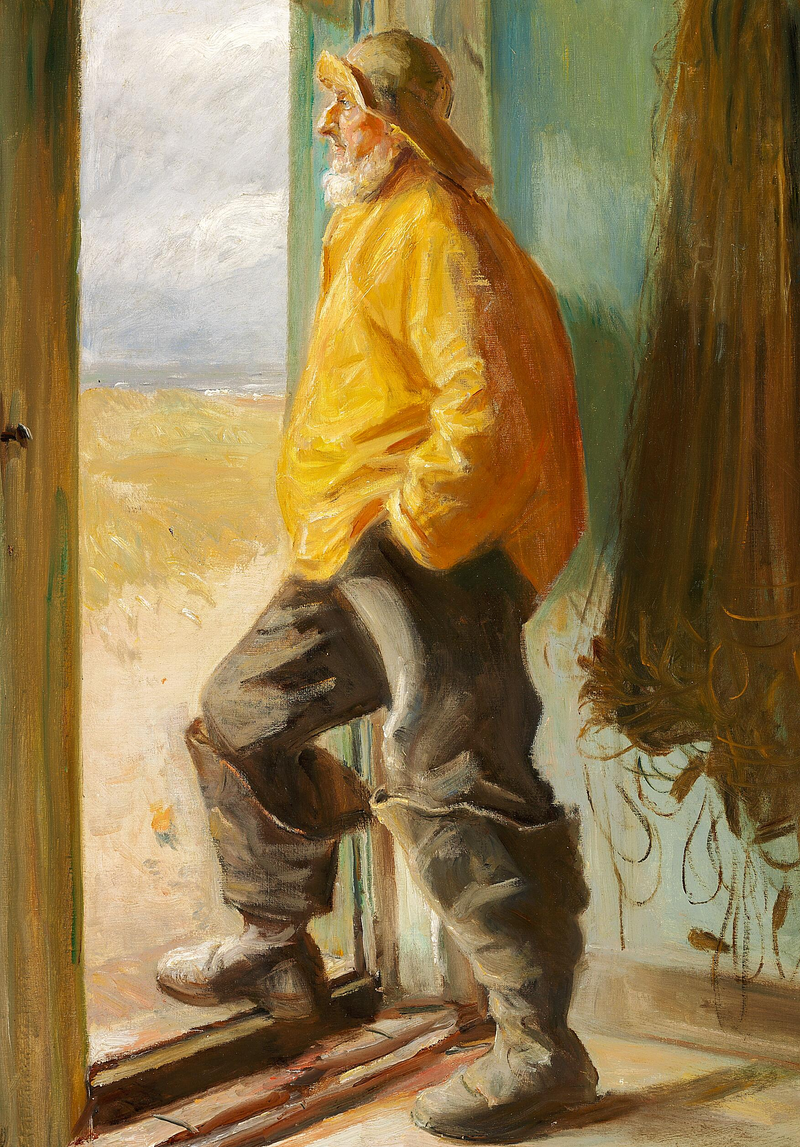 A Skagen fisherman stands before a door. - Michael Peter Ancher