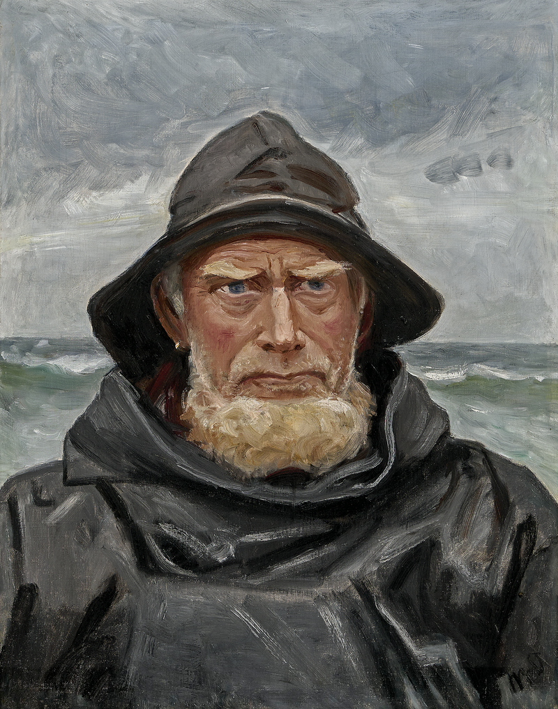 A fisherman from Skagen, wearing an oilskin, stands by the sea on a cloudy day. - Michael Peter Ancher