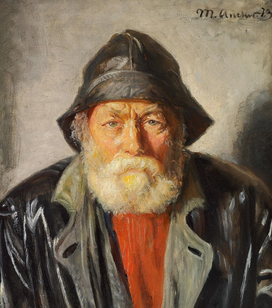 A fisherman wearing a black oilskin and coat, and a red sweater. - Michael Peter Ancher