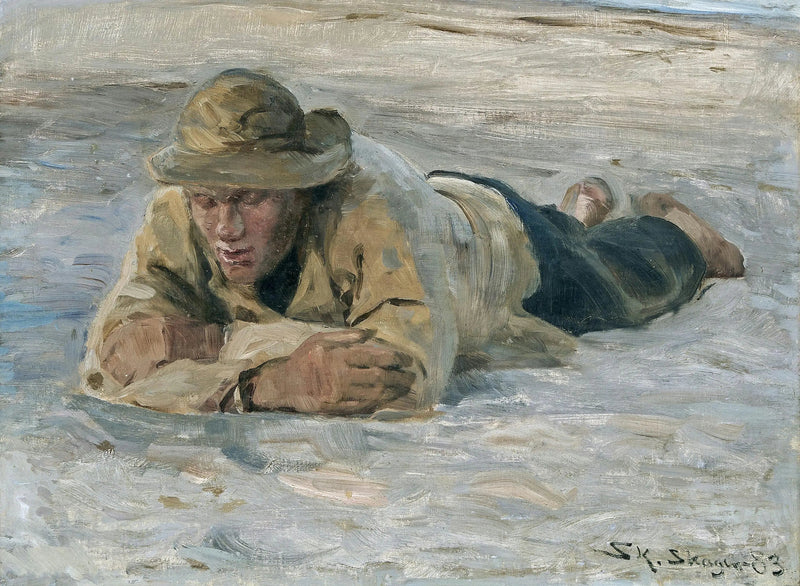 A fisherman resting on the sand, chest against arms - Peder Severin Krøyer