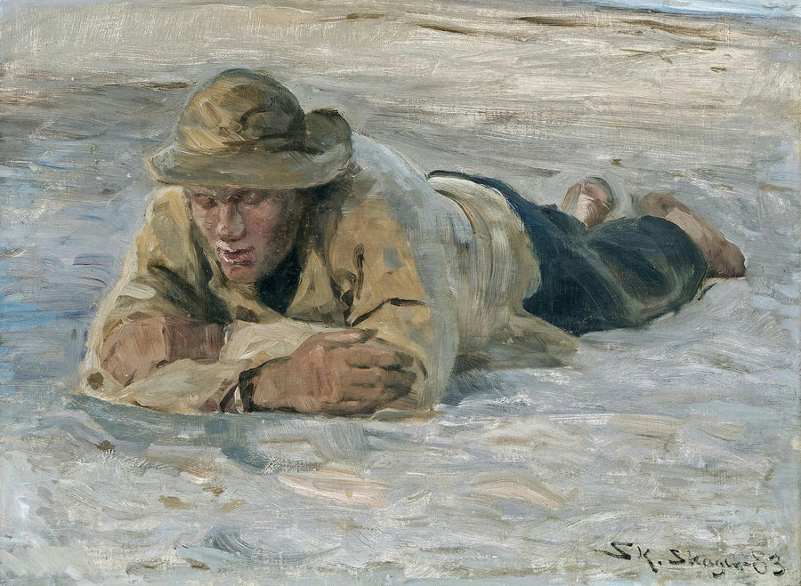 A fisherman resting on the sand, chest against arms - Peder Severin Krøyer