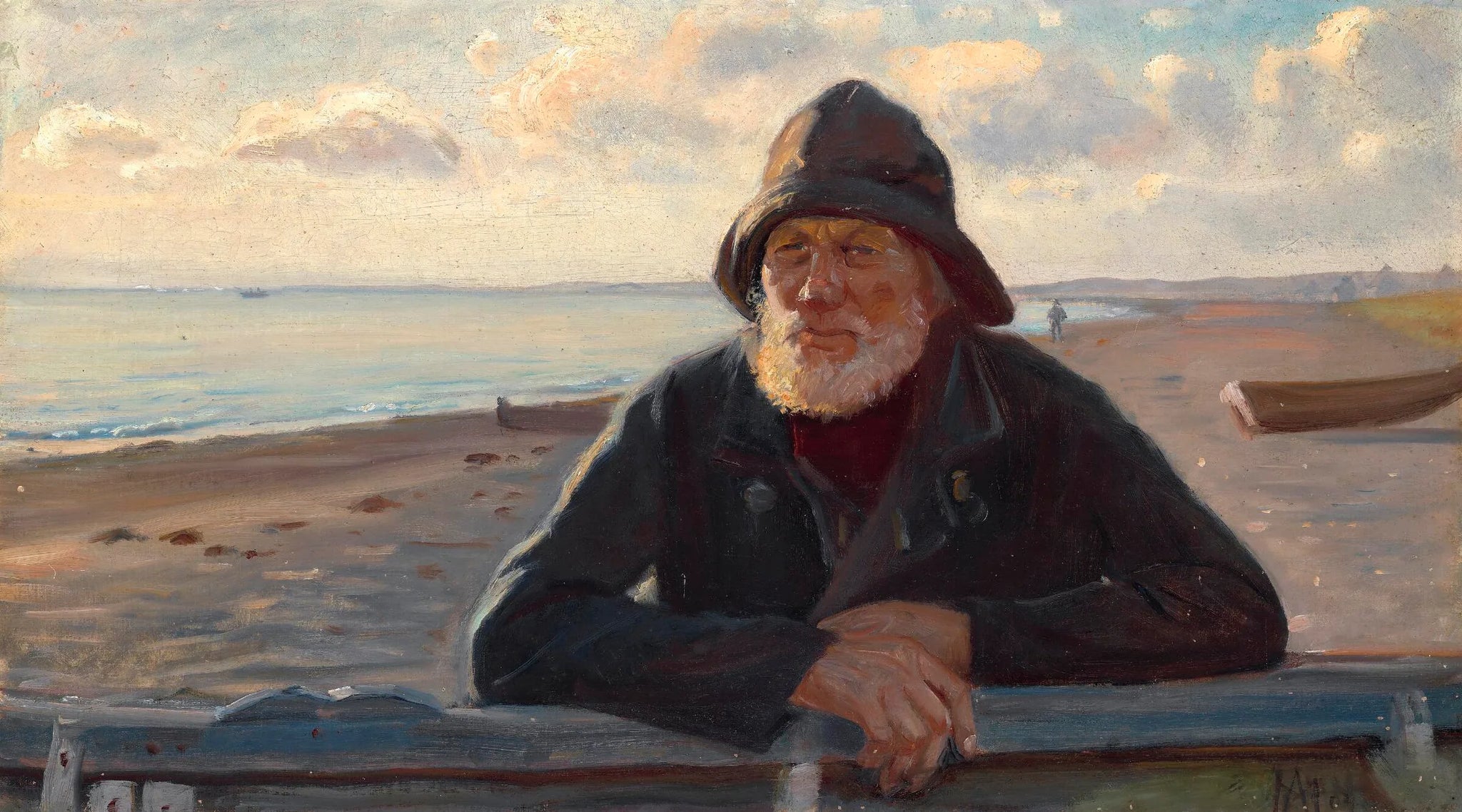 Un pêcheur se tient debout dans la lumière du coucher de soleil sur la plage de Skagen. - Michael Peter Ancher image 1 copie peinte à la main à l’huile