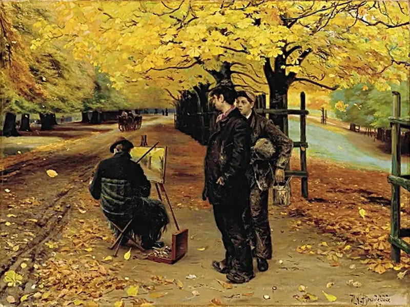 A painter at his easel on an autumn day in Dyrehaven, near Copenhagen. - H. A. Brendekilde