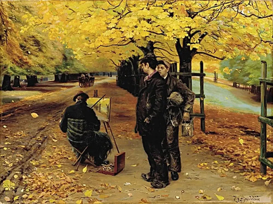 A painter at his easel on an autumn day in Dyrehaven, near Copenhagen. - H. A. Brendekilde