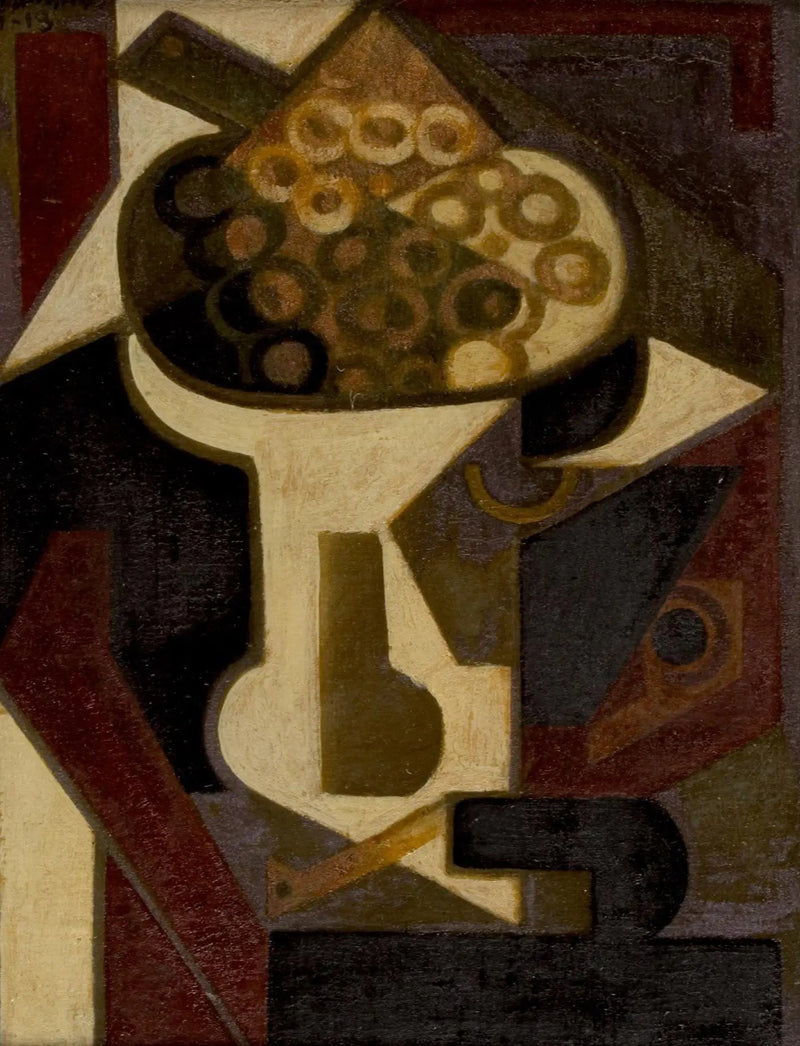 A plate of grapes and a pipe on a table - Juan Gris