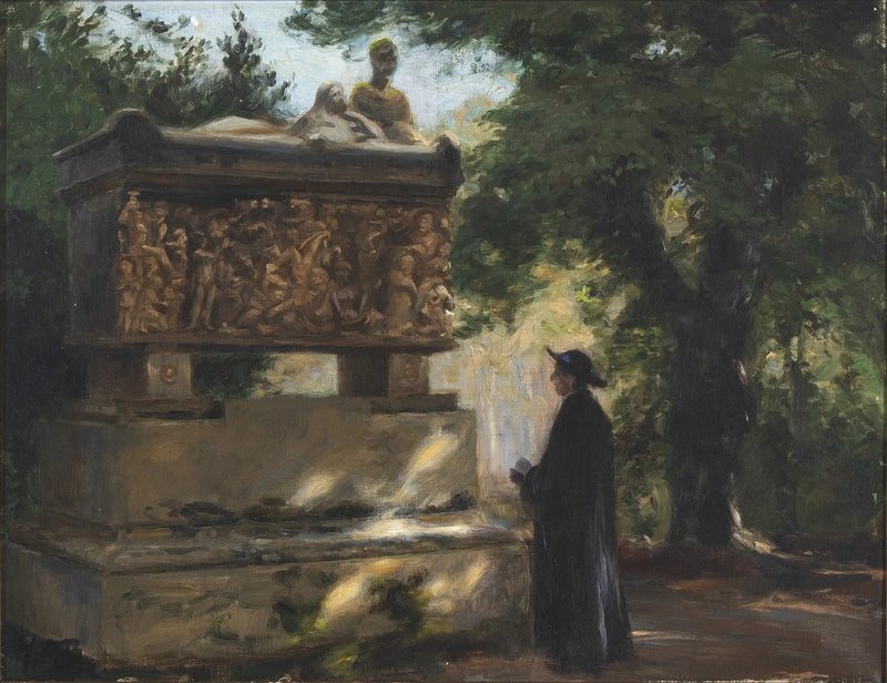 A Catholic priest in front of a sarcophagus - H. A. Brendekilde