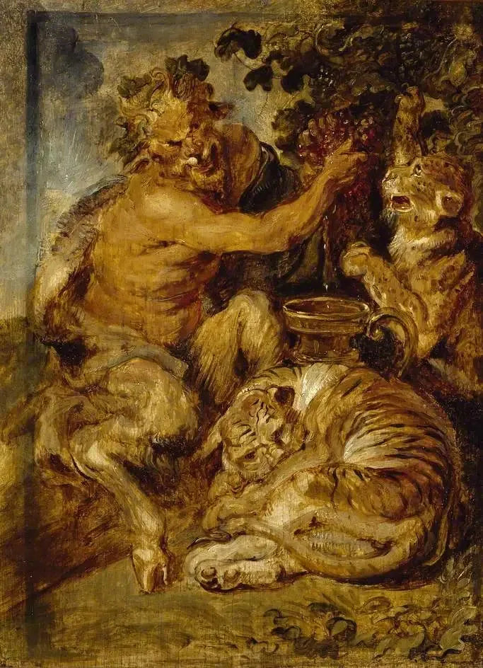 A satyr pressing grapes with a tiger and a leopard - Peter Paul Rubens