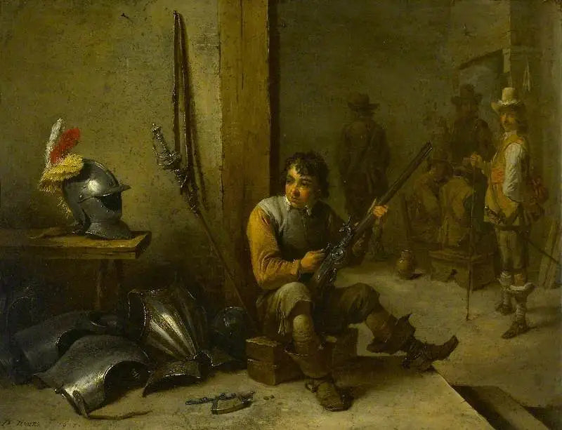 A soldier cleaning a flintlock rifle in a guard room, armor beside him and soldiers beyond - David Teniers the Younger
