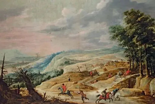 A vast landscape with a cavalry skirmish on a ridge - David Teniers the Younger
