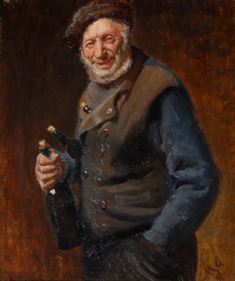 An old man from Skagen holding bottles in his hand and in his pockets. - Michael Peter Ancher
