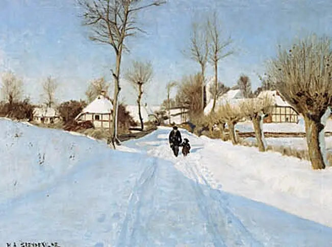 An old man and a little girl between thatched roof houses. - H. A. Brendekilde
