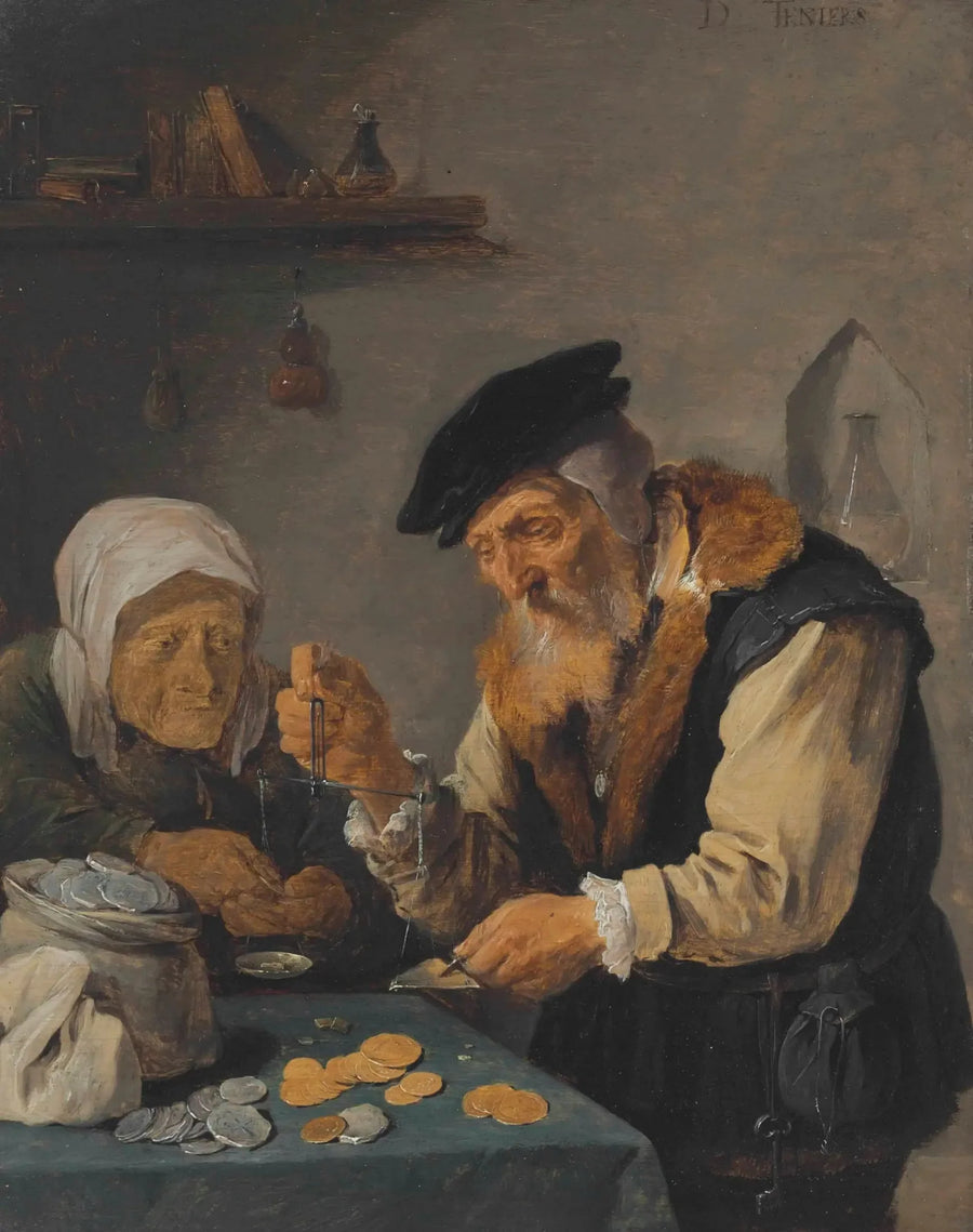 An Old Man and an Old Woman Weighing Coins - David Teniers the Younger