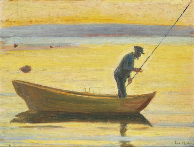 An old man fishes from a boat. - Michael Peter Ancher