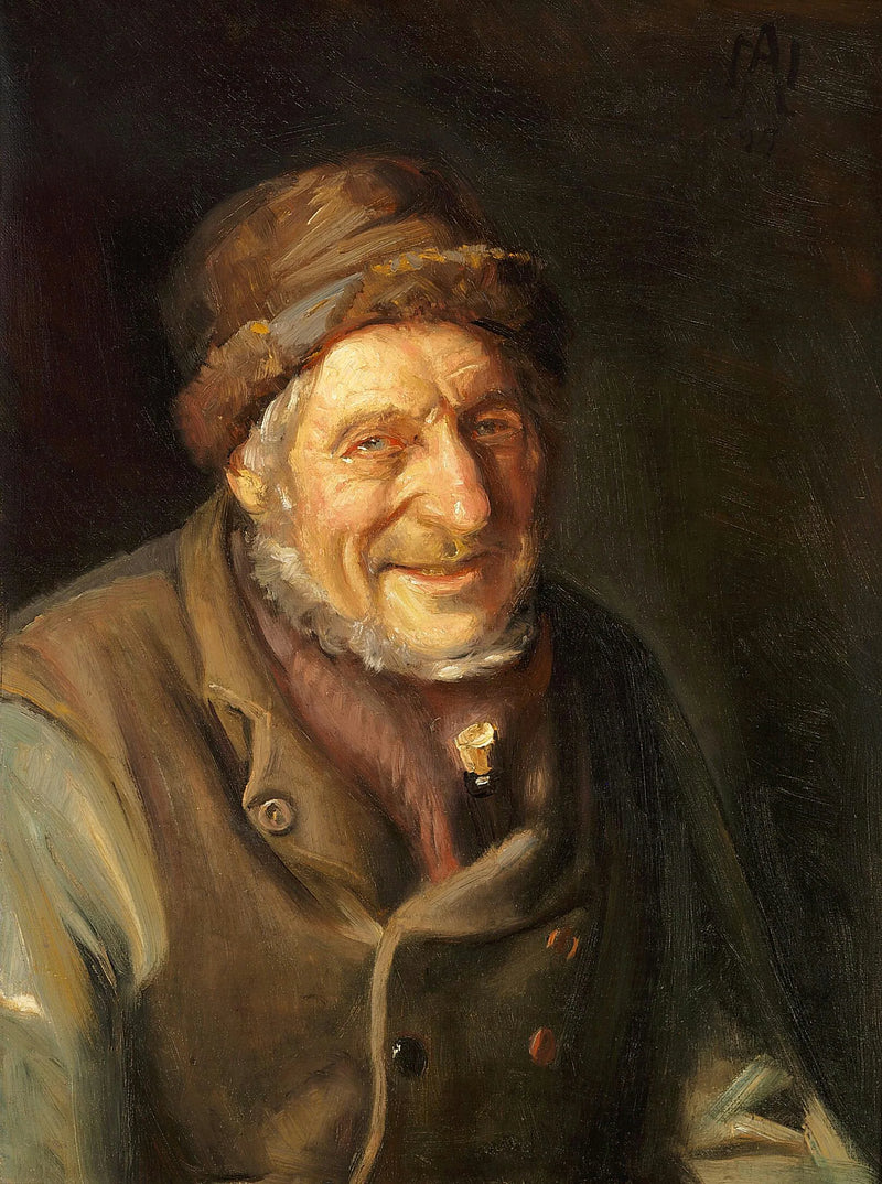 A smiling old man from Skagen, a bottle tucked under his vest. - Michael Peter Ancher