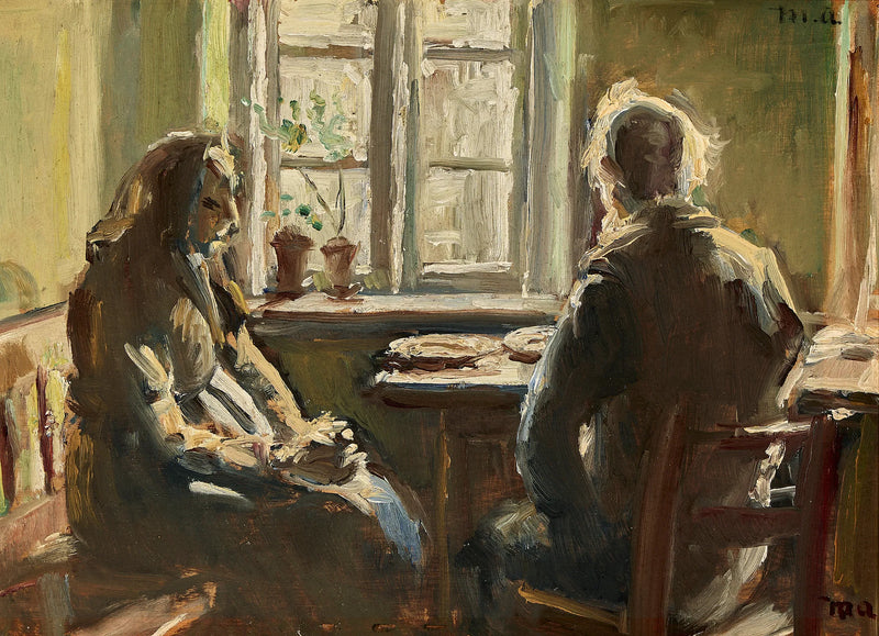 An elderly married couple from Skagen are sitting at a table by the window. - Michael Peter Ancher