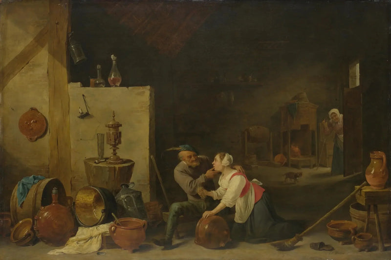 An old peasant caresses a kitchen maid in a stable - David Teniers the Younger