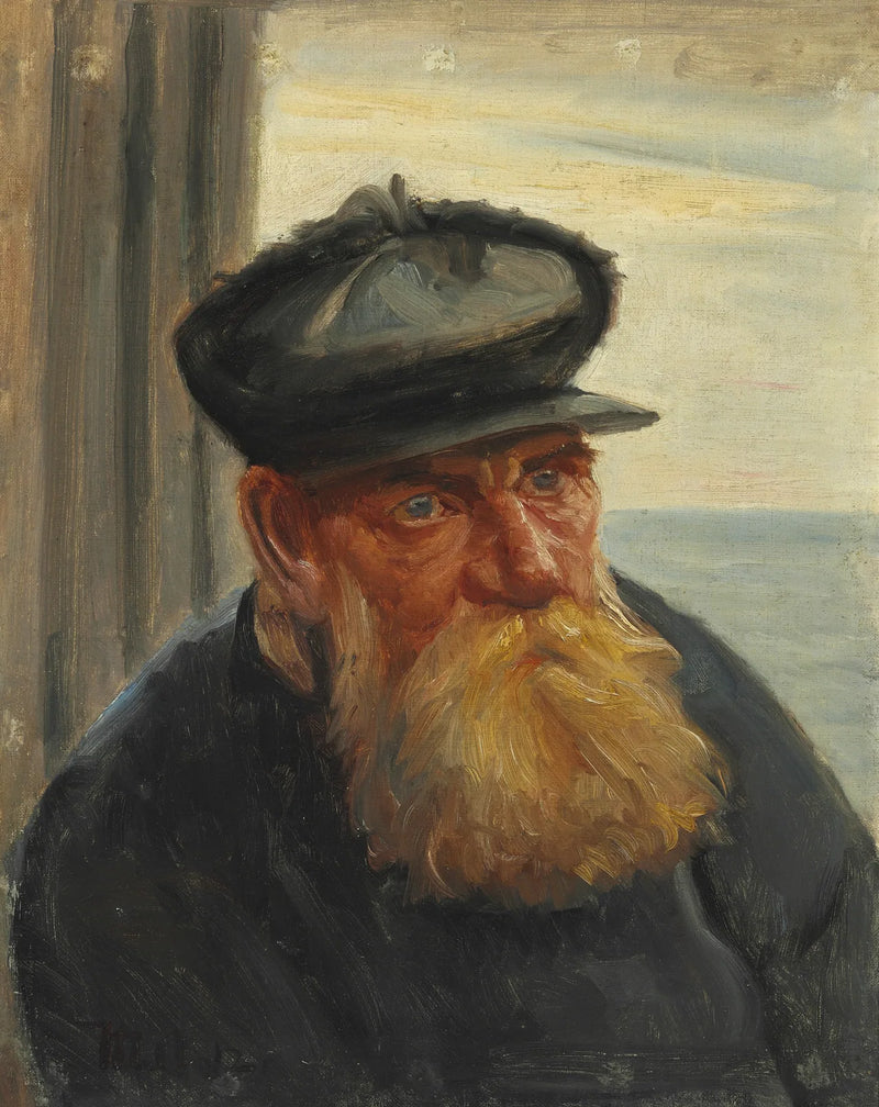 An old fisherman in a doorway, the sea in the background, Skagen - Michael Peter Ancher