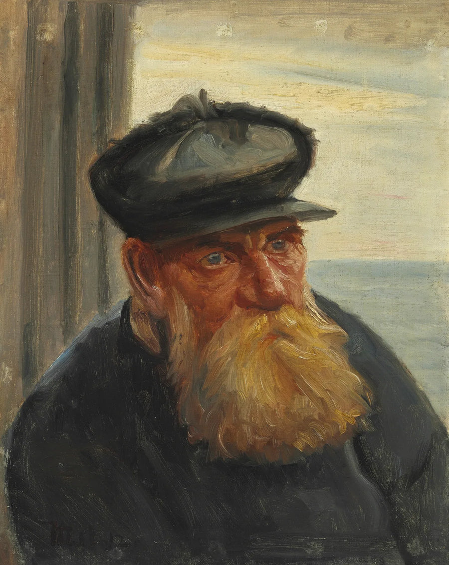 An old fisherman in a doorway, the sea in the background, Skagen - Michael Peter Ancher