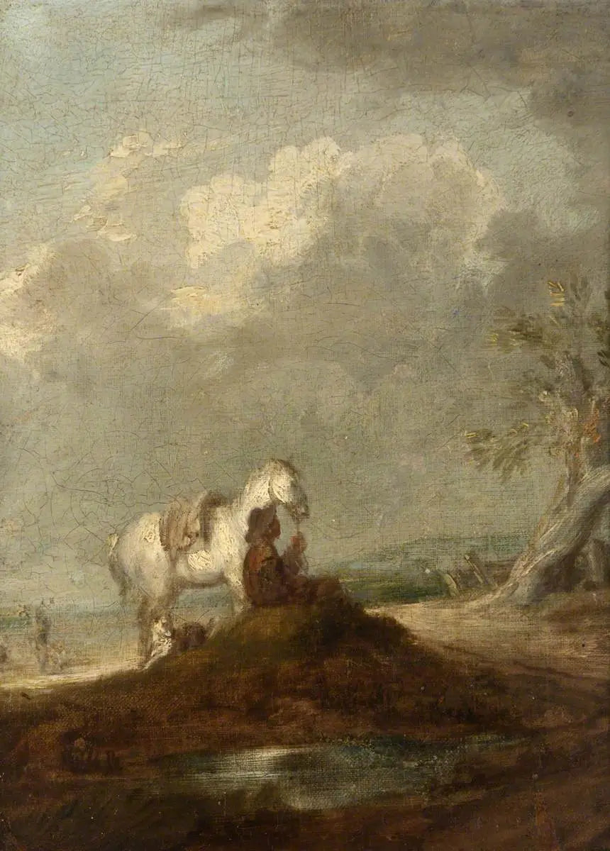 A traveler sitting on a country road, holding a white horse - Thomas Gainsborough
