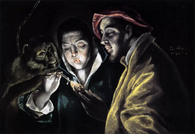 An allegory with a boy lighting a candle in the company of a monkey and a fool - El Greco