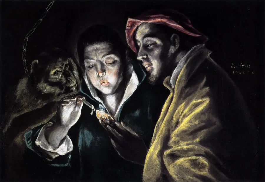 An allegory with a boy lighting a candle in the company of a monkey and a fool - El Greco