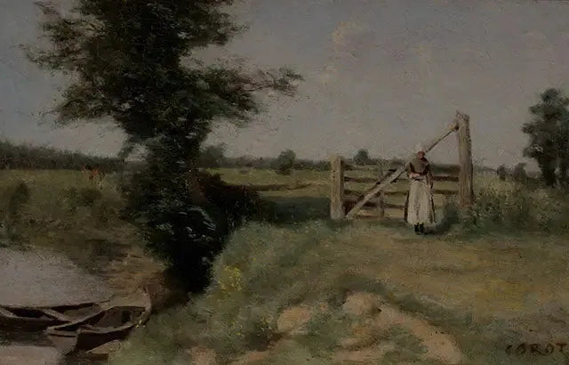 A barrier in the meadows by the edge of a canal. Environs of Abbeville - Jean-Baptiste Camille Corot