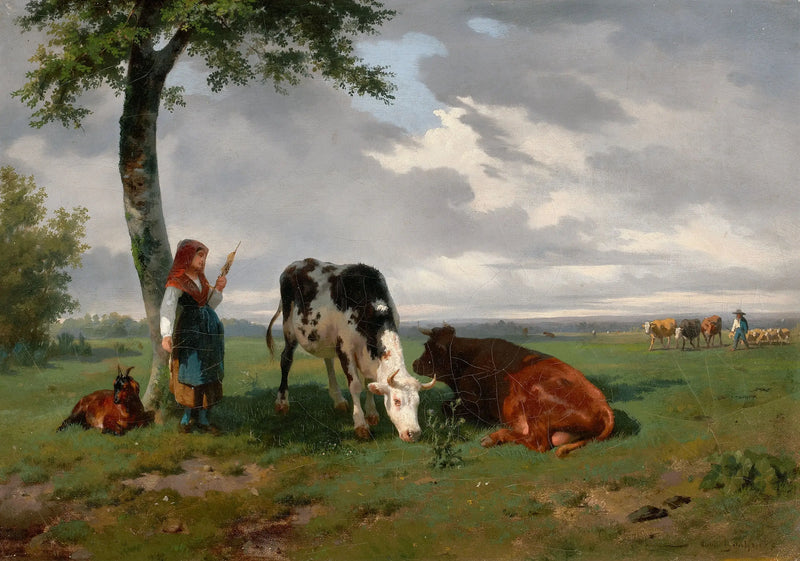 A shepherdess with a goat and two cows in a field - Rosa Bonheur