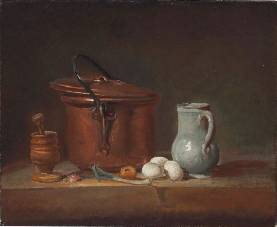 A copper saucepan, a pestle and mortar, a jug, a green onion, eggs and an onion on a shelf - Jean Siméon Chardin