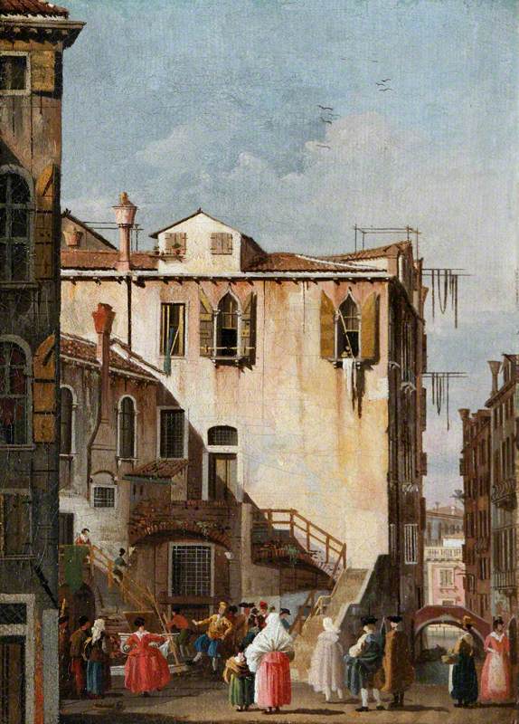A courtyard in Venice with a man and a woman dancing - Canaletto