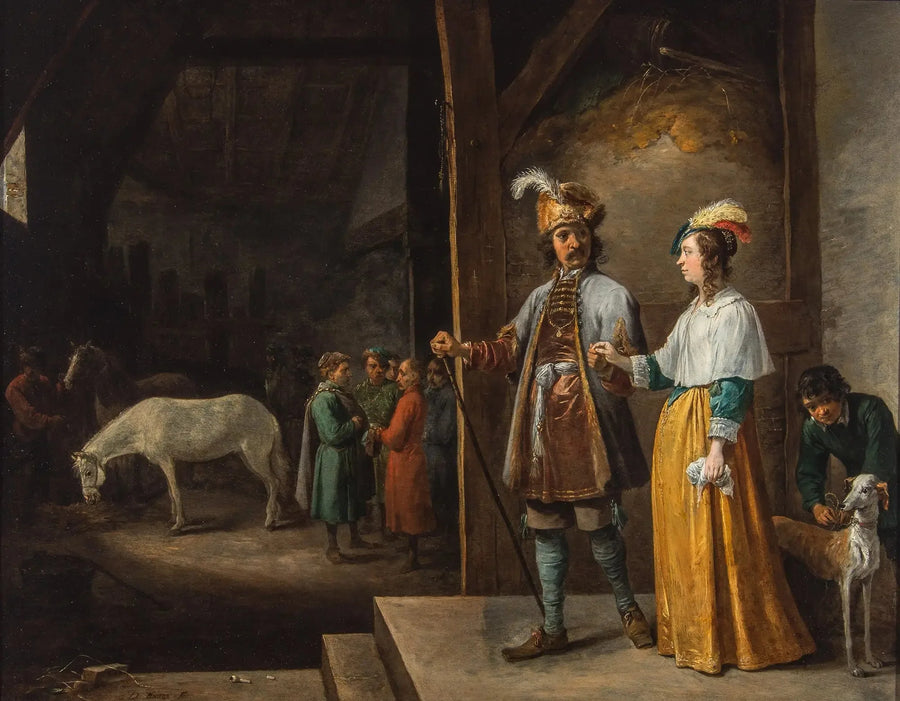 A lady and a gentleman entering a stable - David Teniers the Younger
