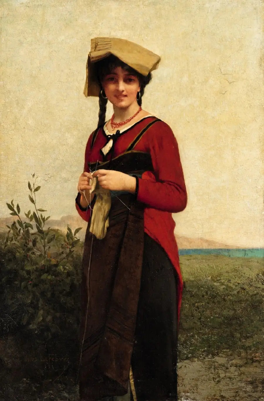 An Italian lady knitting - Jules Lefebvre
