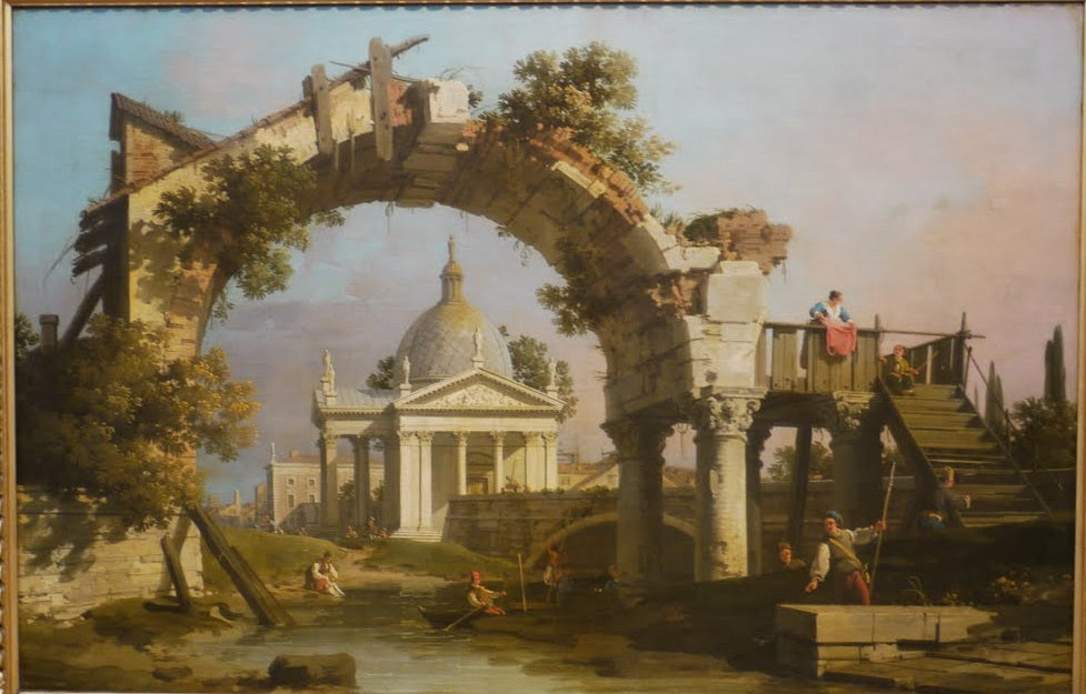 A dome-shaped church seen through a ruined arch - Canaletto