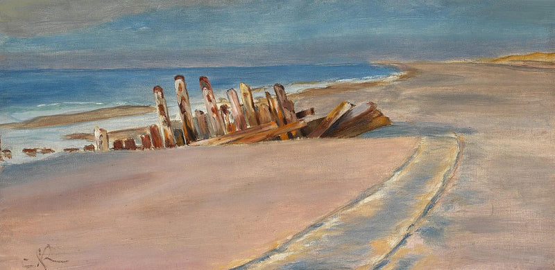 A wreck on the northern beach of Skagen. Deep tire tracks in the sand. - Peder Severin Krøyer