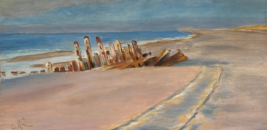 A wreck on the northern beach of Skagen. Deep tire tracks in the sand. - Peder Severin Krøyer