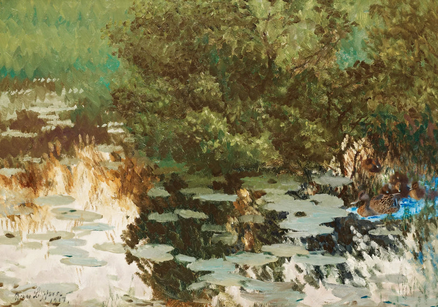 A family of ducks among the water lilies. - Bruno Liljefors