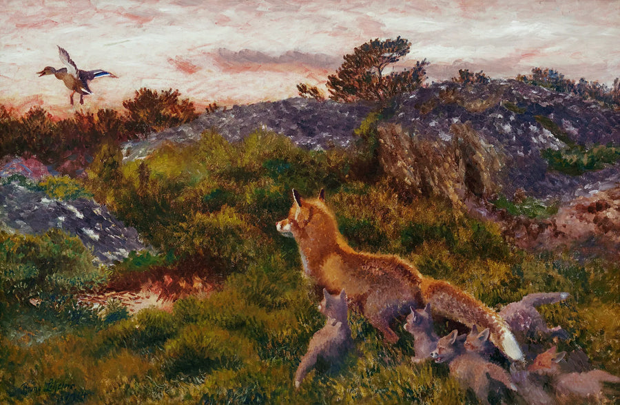 A family of foxes with a mallard duck stretching - Bruno Liljefors