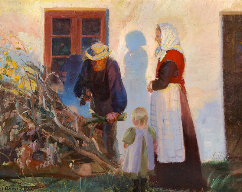 A family in Skagen cuts branches in front of a house. - Anna Ancher