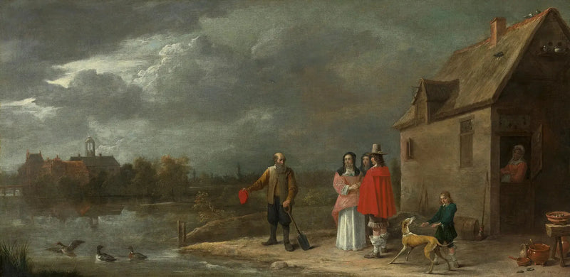 A family standing in a landscape with a house surrounded by moats in the background - David Teniers the Younger