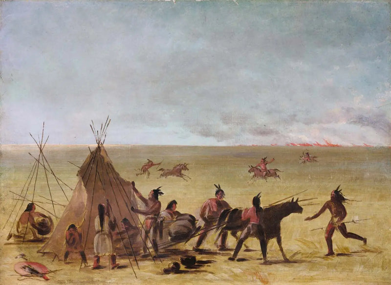 An Indian family alarmed by the approach of a fire in the prairies - George Catlin