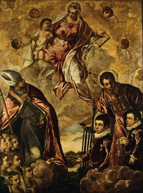 A Venetian family presented to the Virgin by Saint Laurent and a saint bishop - Jacopo Tintoretto