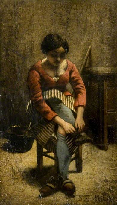 A woman adjusting her stocking - Jean-François Millet