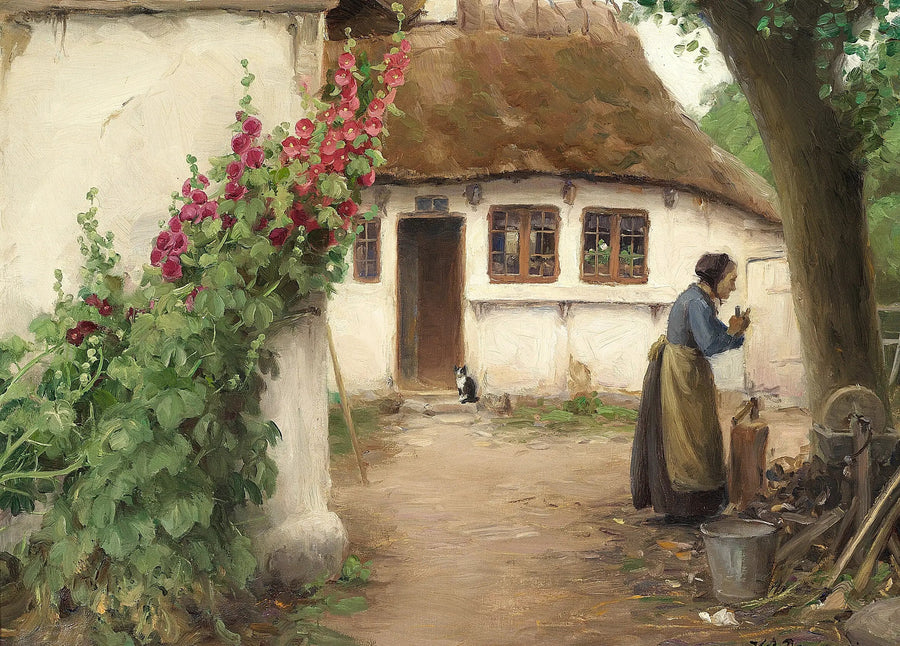 A woman in a farm with red hollyhocks. - H. A. Brendekilde