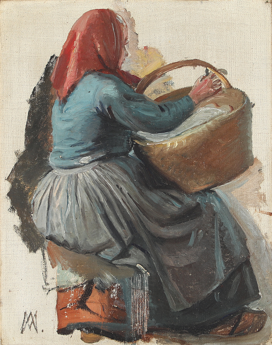A woman seen from behind, carrying a basket and wearing a red scarf on her head. - Michael Peter Ancher