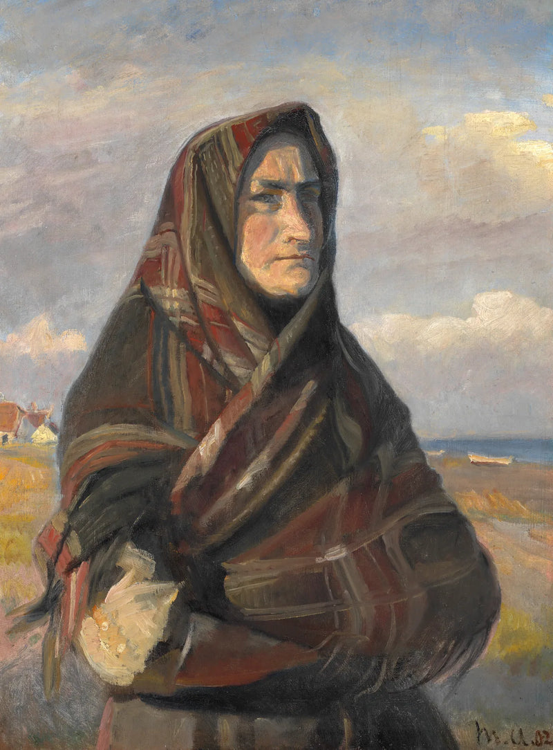 A fisherman's wife, wearing a checkered shawl, stands in the dunes near Skagen and gazes out to sea. - Michael Peter Ancher