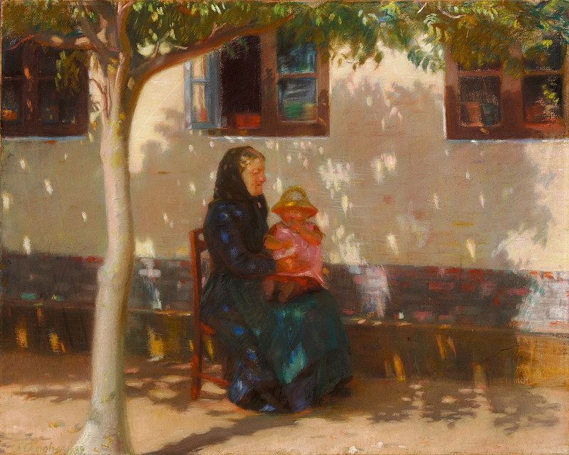 A woman from Skagen sits with baby Helga Ancher in front of a white house. - Anna Ancher